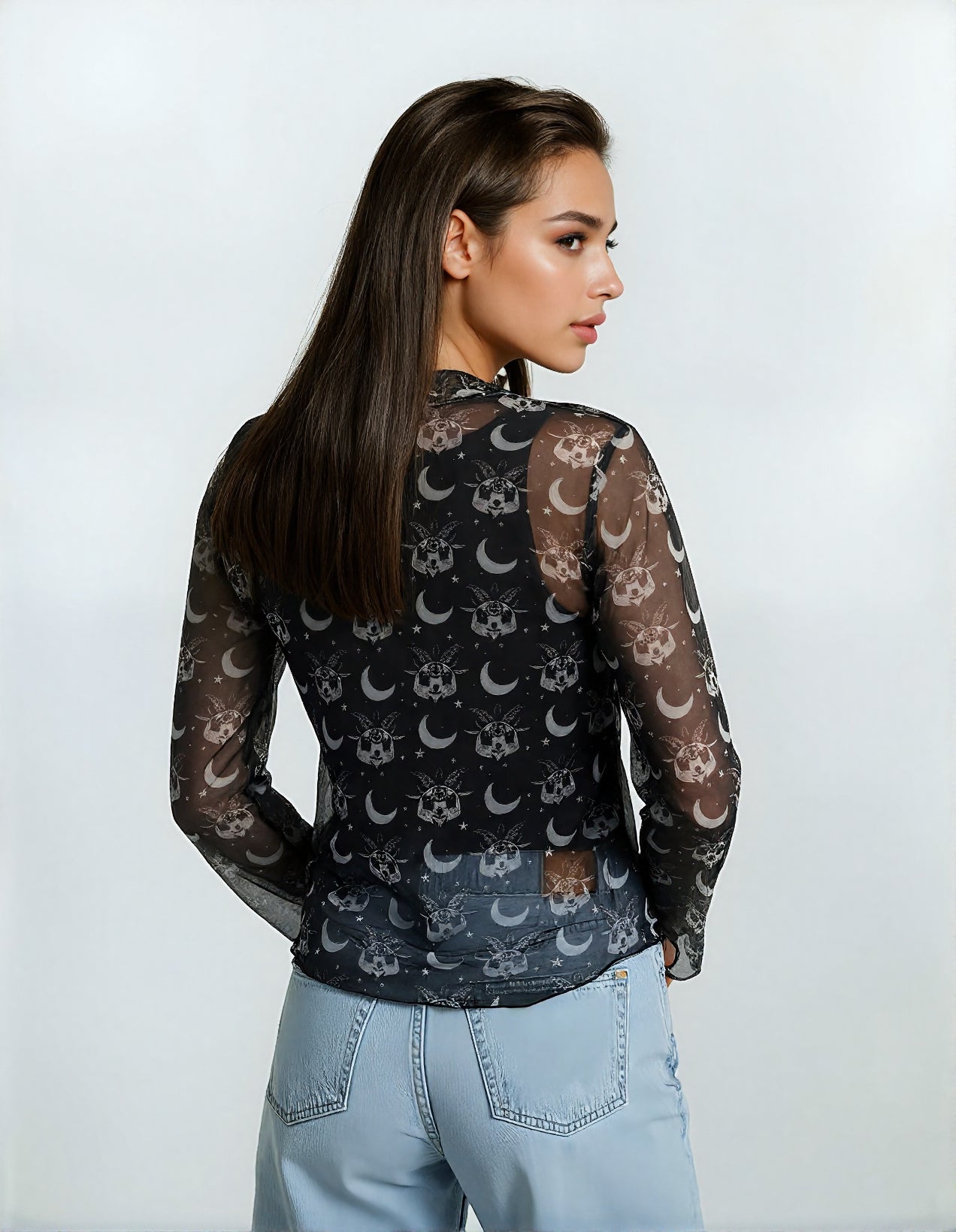 Top mesh transparent femme Motif skull, lunes & étoiles