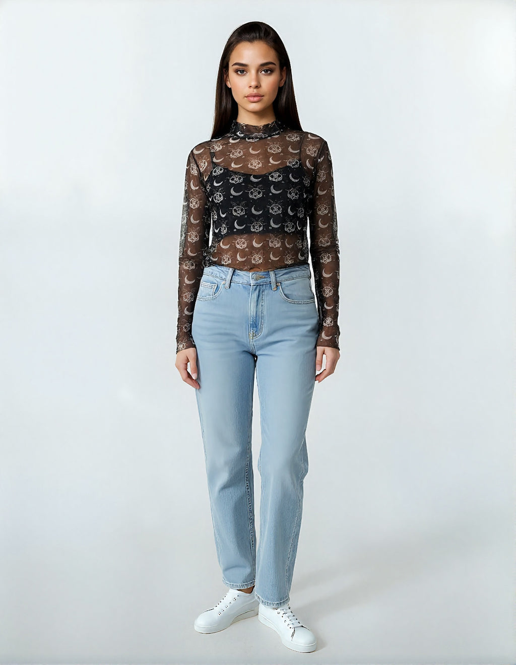 Top mesh transparent femme Motif skull, lunes & étoiles