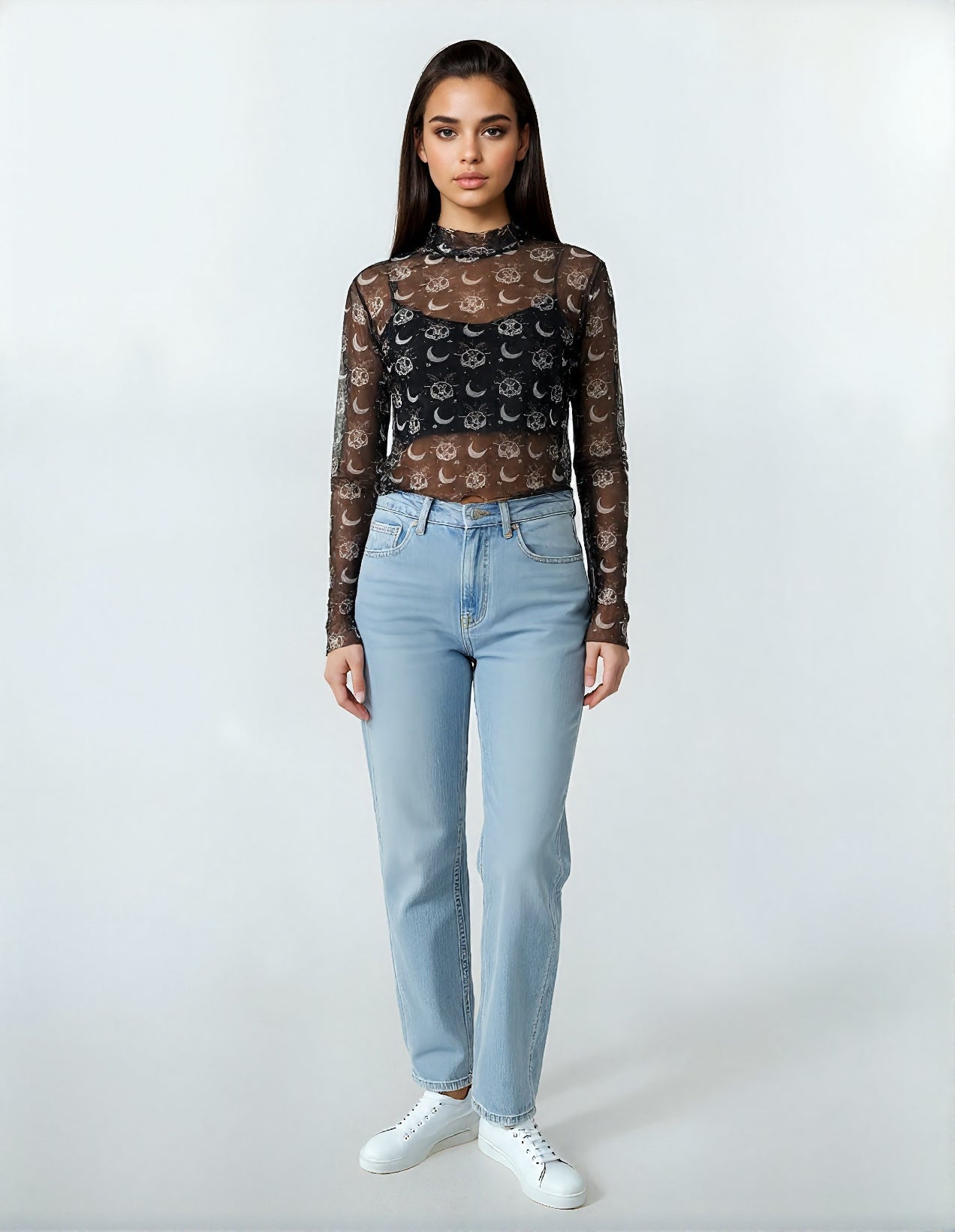 Top mesh transparent femme Motif skull, lunes & étoiles