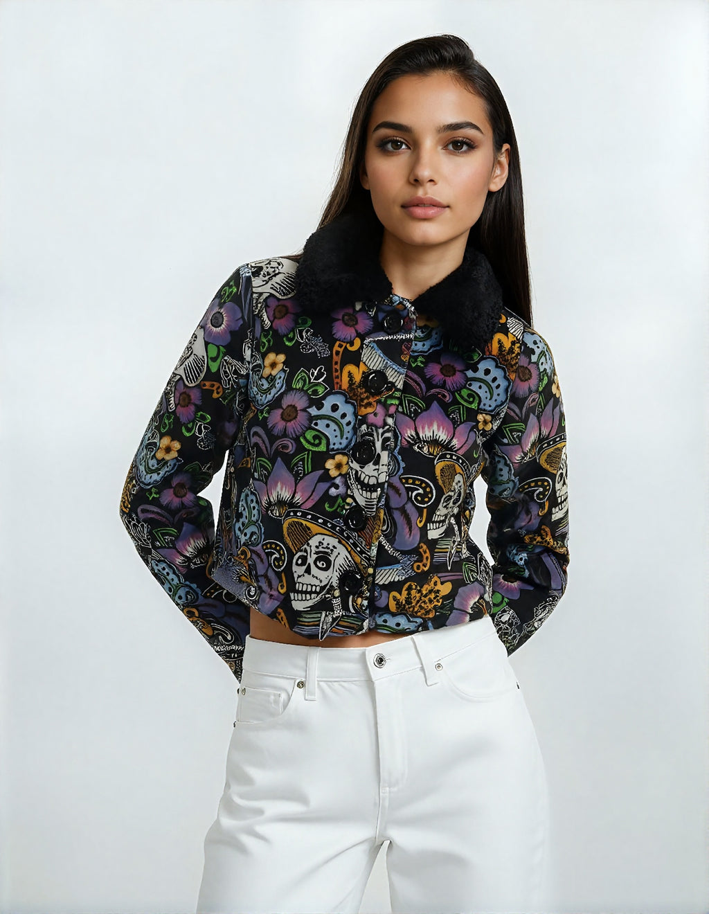 Veste courte polard imprimée crânes