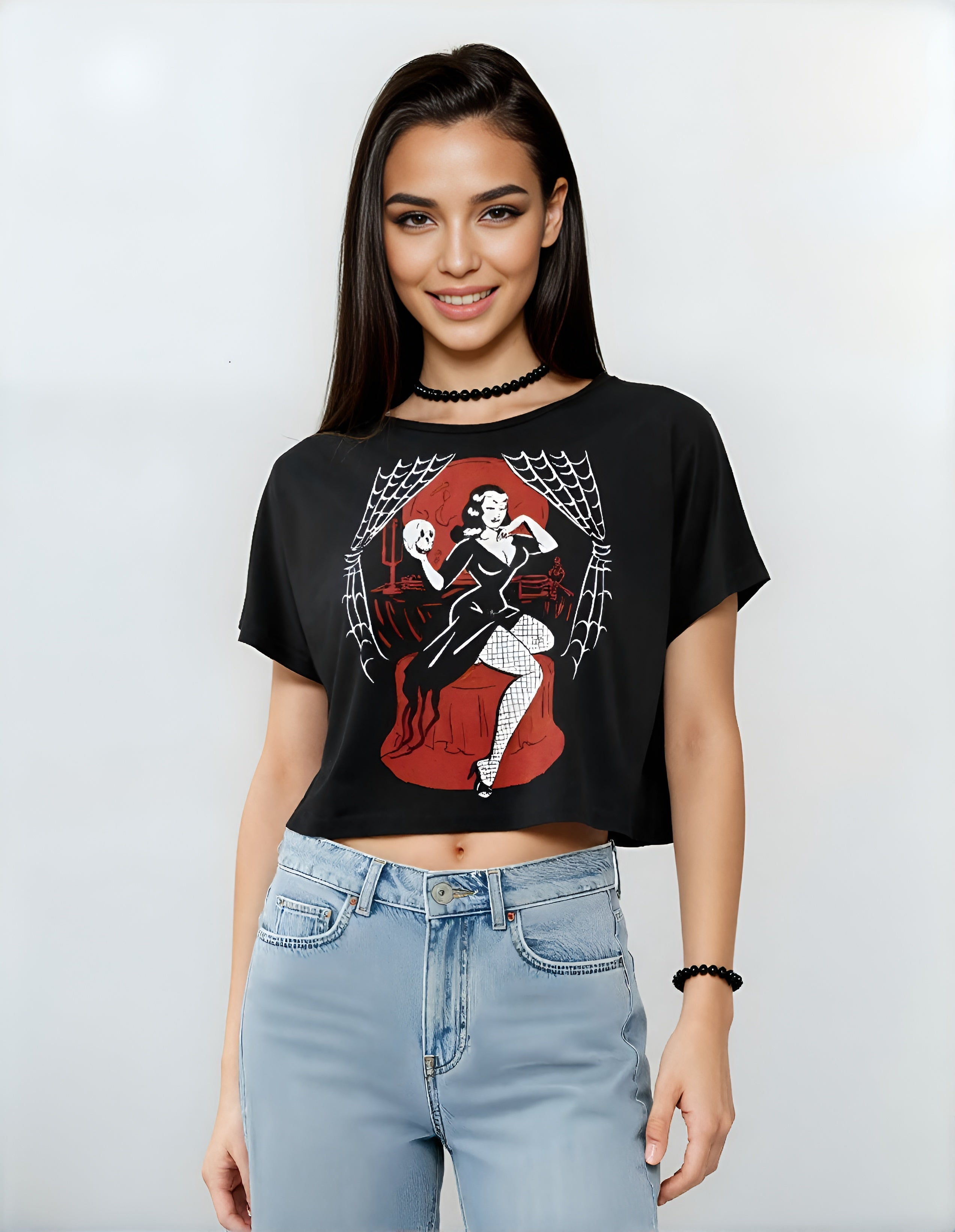 Crop top femme rock pin-up rétro noir