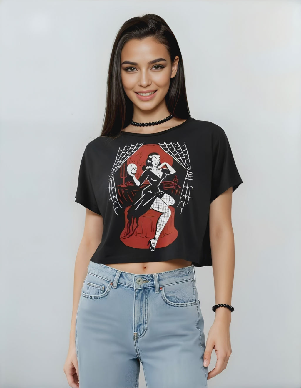 Crop top femme rock pin-up rétro noir