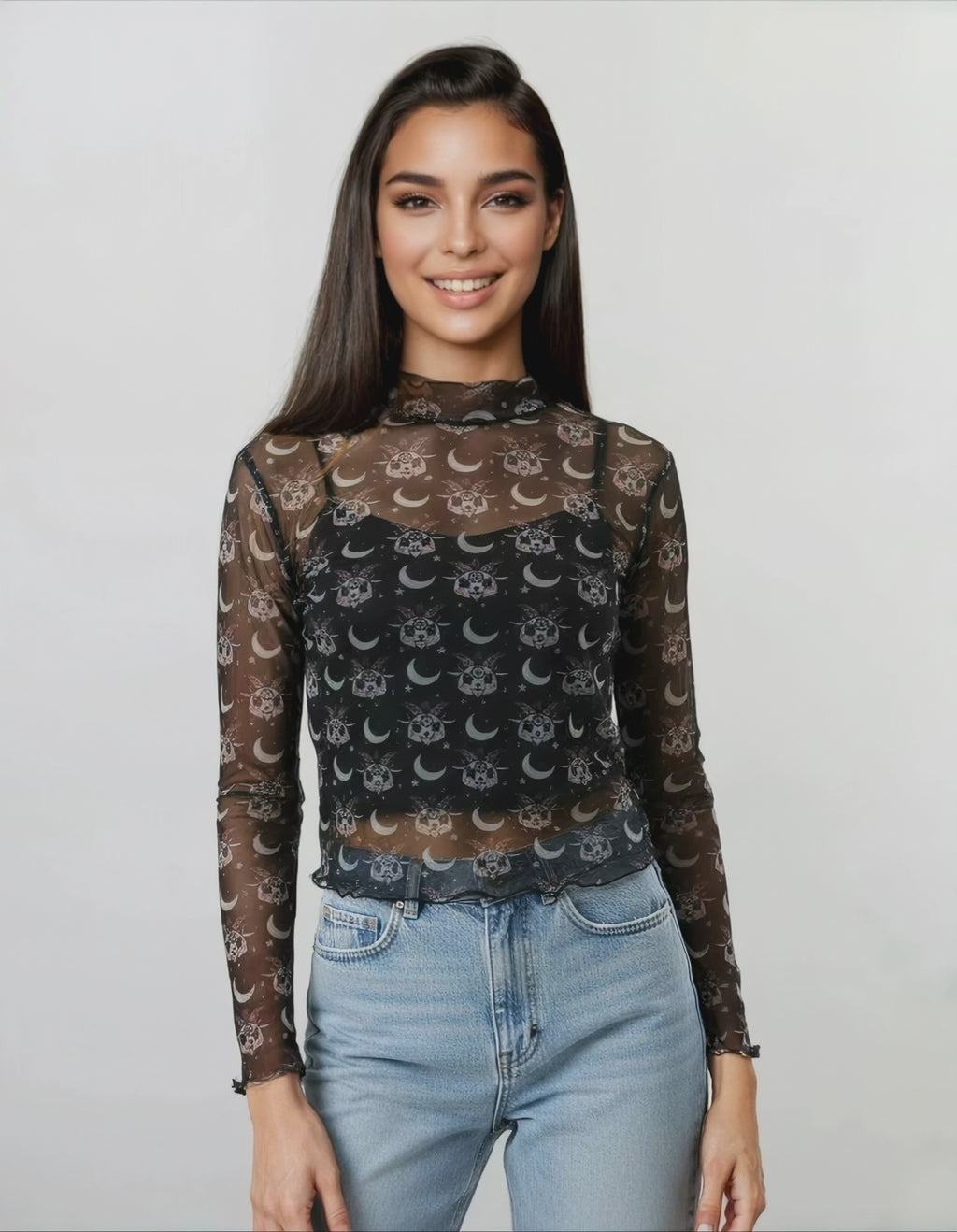 Top mesh transparent femme Motif skull, lunes & étoiles