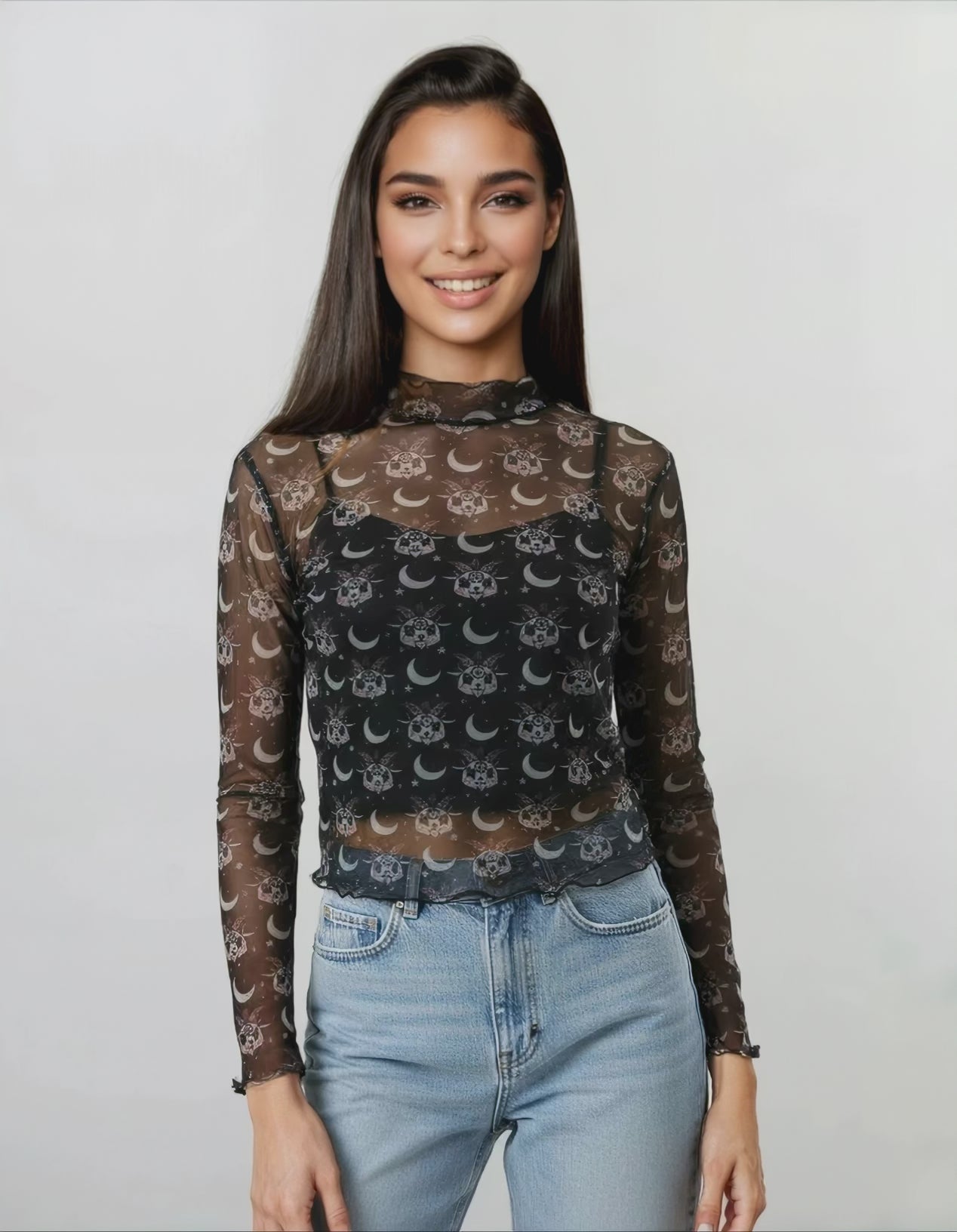 Top mesh transparent femme Motif skull, lunes & étoiles